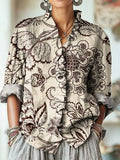 Women's Vintage Ethnic Floral Line Drawing Art Print Casual Cotton And Linen Ruffle Shirt
