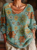Women's Vintage Floral Painting Art Print Casual Pullover Sweater