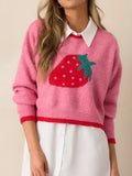 Women's Cute Strawberry Pink Cropped Crew Neck Knit Sweater Long Sleeve Pullover for Autumn Winter