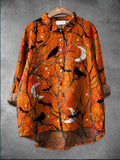 Women's Halloween Crow Art Print Casual Cotton And Linen Shirt