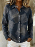 Geometric Lines And Color Block Decorative Patterns Casual Shirt Collar Long Sleeve Sweater