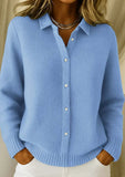Women's Solid Color Shirt Collar Long Sleeve Waffle Knit Cardigan 1401