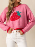 Women's Cute Strawberry Pink Cropped Crew Neck Knit Sweater Long Sleeve Pullover for Autumn Winter
