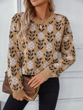 Women's Floral Crewneck Knit Sweater Long Sleeve Pullover for Autumn Winter