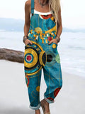 Women's Abstract Geometric Pattern Art Print Casual Cotton Linen Wide Leg Jumpsuit