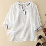 Women's Solid Embroidered V-Neck Tie-Up 3/4 Sleeves Casual Linen Top