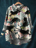Vintage Lovely Cats Floral Art Print Casual Cotton And Linen Shirt