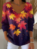 Women's Casual Autumn Maple Leaf Oil Painting Striped V-neck Pullover Sweater