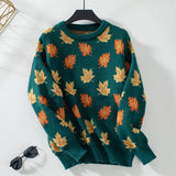 Women's Leaf Pattern Crewneck Knit Sweater Long Sleeve Casual Loose Pullover for Autumn Winter