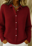 Women's Solid Color Shirt Collar Long Sleeve Waffle Knit Cardigan 1403