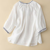 Women's Solid Embroidered V-Neck Tie-Up 3/4 Sleeves Casual Linen Top