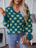 Women's V Neck Daisy Flower Print Sweaters Long Sleeve Color Block Fall Sweater Loose Warm Knit Pullover Tops