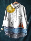 Sailing Little Boat Art Printed Women's Casual Cotton And Linen Shirt
