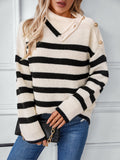 Women's Striped Turtleneck Cable Knit Sweater Long Sleeve Casual Loose Pullover for Autumn Winter