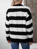 Women's Fashion Casual Versatile Striped Color Block Cable Knit Crew Neck Pullover Long Sleeve Loose Sweater