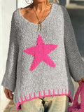 Women's Oversized Star Drop Shoulder Crochet Sweater Loose Pullover Knit for Autumn Winter