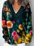 Retro Floral Art Print Knit V-neck Pullover Sweater