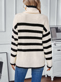 Women's Striped Turtleneck Cable Knit Sweater Long Sleeve Casual Loose Pullover for Autumn Winter