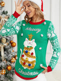 Christmas Long Sleeve Cat Appliqu¨¦ Round Neck Sweater