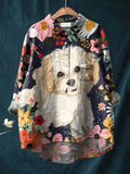 Women's Cute Flower Dog Print Casual Cotton And Linen Shirt