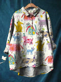 Cartoon Hand Drawn Cute Animal Puppy Print Cotton And Linen Shirt