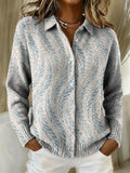 Women's Blue Minimalist Patternart Printed Collared Sweater