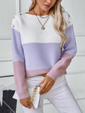 Women's Long Sleeve Crew Neck Color Block Knit Pullover Sweater for Autumn Winter