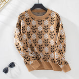 Women's Floral Crewneck Knit Sweater Long Sleeve Pullover for Autumn Winter