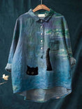 Women's Oil Painting Cat Art Print Casual Cotton And Linen Shirt