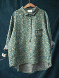 Women's Vintage Floral Art Print Casual Cotton And Linen Shirt