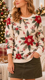 Women's Ivory Red Poinsettia Floral Art Print Casual Waffle Sweatshirt RSCS2622