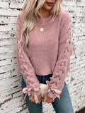Women's Stylish Bowknot Ribbon Sleeve Chunky Cable Knit Crewneck Sweater Ribbed Knitwear for Autumn Winter