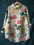 Women's Flower Print Casual Cotton And Linen Shirt