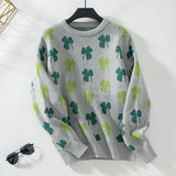 Women's Clover Graphic Crew Neck Knit Sweater Long Sleeve Cute Loose Ribbed Pullover for Autumn Winter
