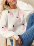 Women's Cute Strawberry Pink Cropped Crew Neck Knit Sweater Long Sleeve Pullover for Autumn Winter