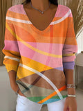 Women's Colorful Shapes Lines Modern Abstract Casual Print V-neck Long Sleeve Pullover Sweater