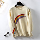 Women's Rainbow Print Sweaters 2025 Fall Long Sleeve Crew Neck Color Block Casual Loose Ribbed Knitted Pullover Tops