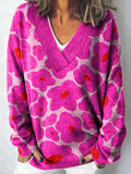 Vibrant Pink Floral Pattern Printed Knit V-Neck Pullover Sweater