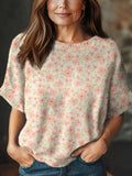Women's Vintage Floral Art Print Casual Crew Neck Short Sleeve Knitted Sweater