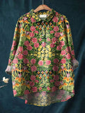 Vintage Floral Art Print Casual Cotton And Linen Shirt