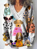 Multi-colored Cartoon Dog Print Knit V-neck Pullover Sweater