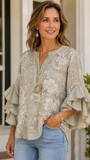 Women's V-Neck 3/4 Sleeve Gray Floral Casual Blouse CY05132