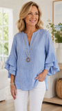 Women's Blue Stripe Casual V-Neck 3/4 Sleeve Blouse CY05136