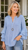 Women's Blue Stripe Casual V-Neck 3/4 Sleeve Blouse CY05136