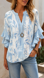 Women's Light Blue Floral Casual V-Neck 3/4 Sleeve Blouse CY05137