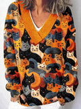 Multi-colored Cartoon Cat Print Knit V-neck Pullover Sweater