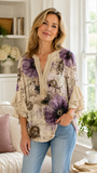 Women's V-Neck 3/4 Sleeve Purple Floral Casual Blouse CY05133