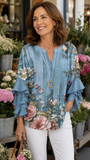 Women's Multicolor Floral Casual V-Neck 3/4 Sleeve Blue Blouse CY05139