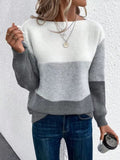 Women's Long Sleeve Crew Neck Color Block Knit Pullover Sweater for Autumn Winter