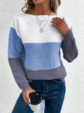 Women's Long Sleeve Crew Neck Color Block Knit Pullover Sweater for Autumn Winter